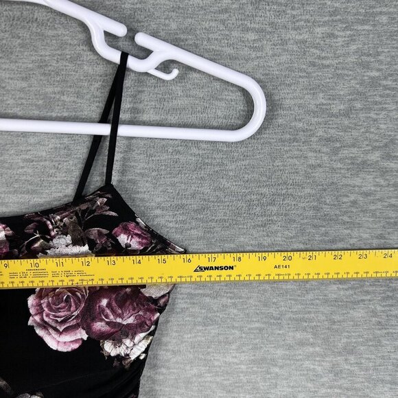 Black Foiled Pink Floral Ruched Mini Dress Bodycon Coquette Whimsigoth Womens S - Picture 12 of 16